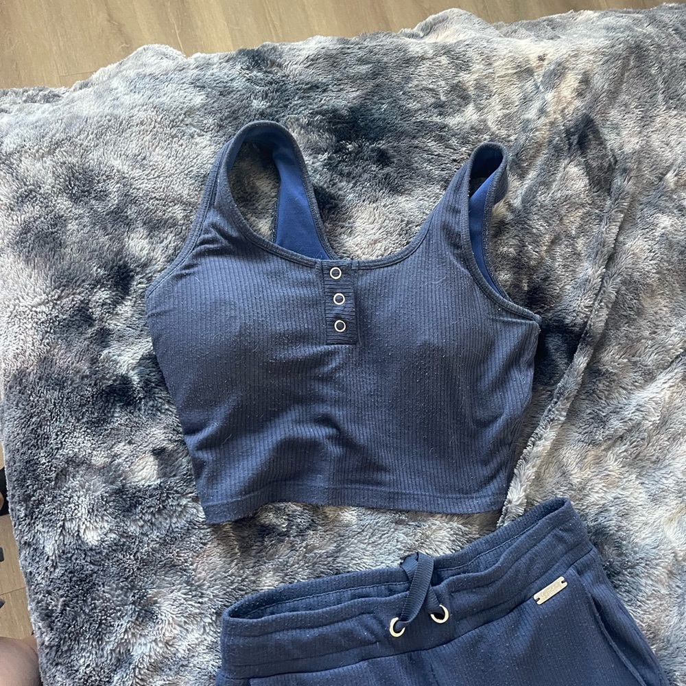 Blue Ribbed Crop Top with pants set